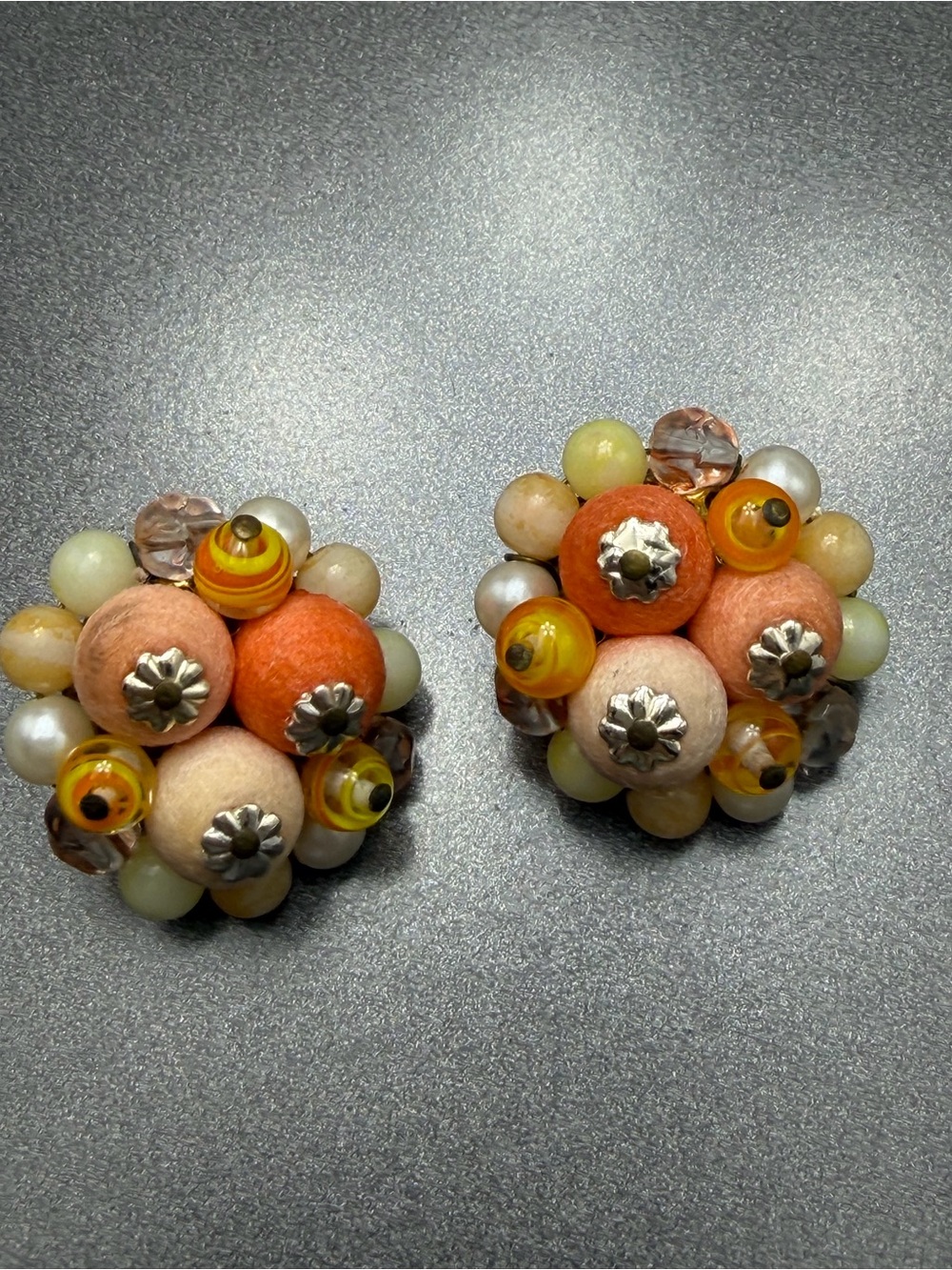 Vintage Cluster Bead clip Earrings in Orange & Peach